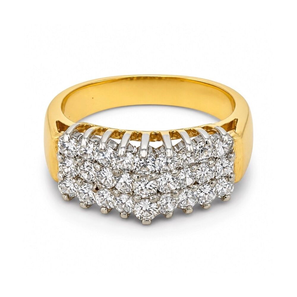 Vintage 1980s Ring Size 8 CZ Cluster Three Row Prong Set Gold Plated - 14M